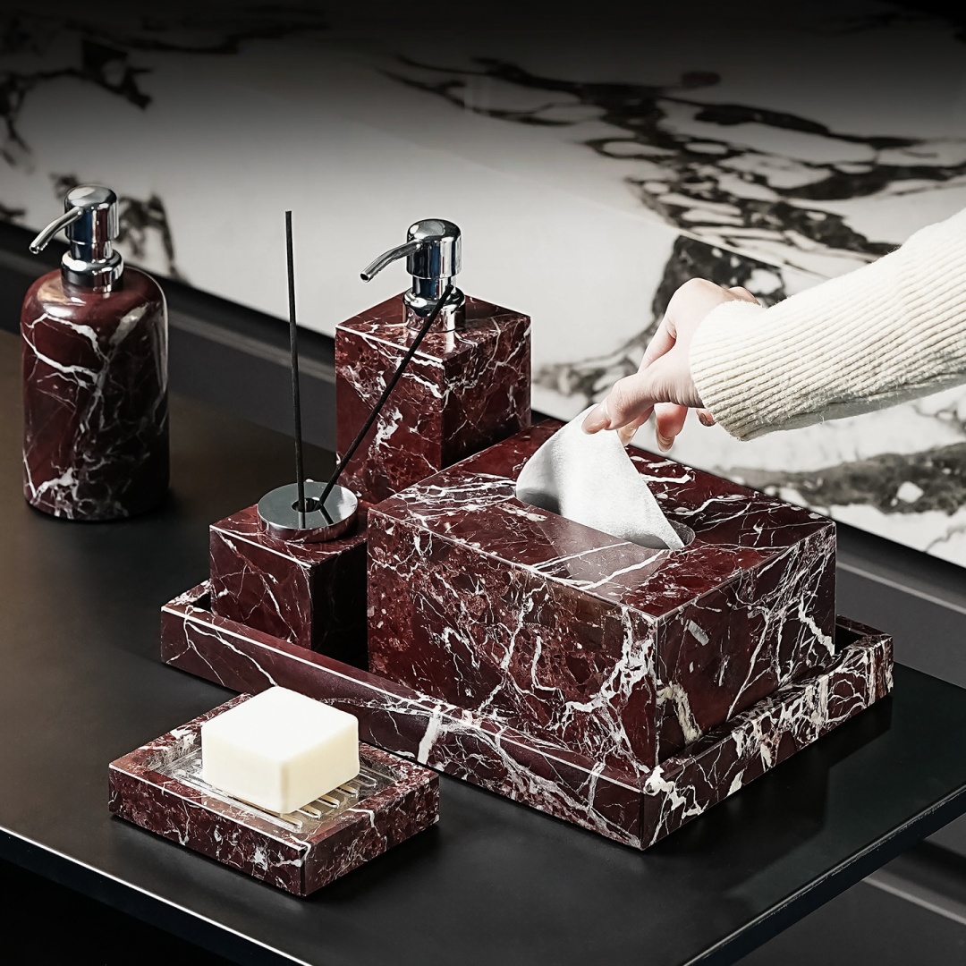 Home Center Bathroom Accessories - 高級天然大理石ロサ・レヴァント製バスルームアクセサリー、ホームデコレーション用、ソープディスペンサー、ティッシュボックス、収納トレイ、歯ブラシホルダー