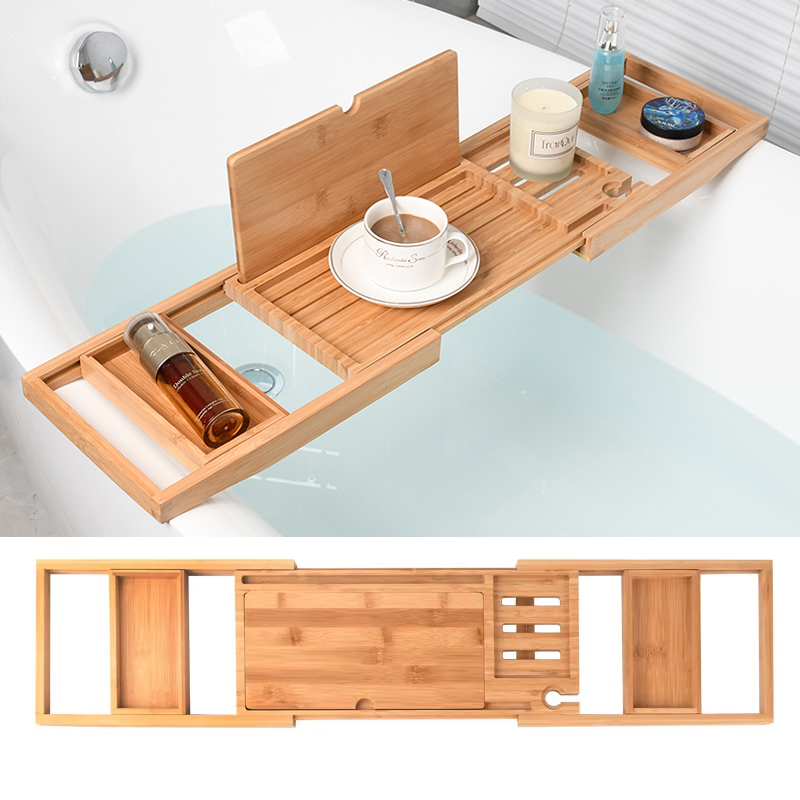 Home Creation Bathroom - 拡張可能な木製バスタブトレイ家庭用収納アクセサリーソープディッシュ滑り止めタブレットバスルーム収納ホルダーバスルーム収納トレイ