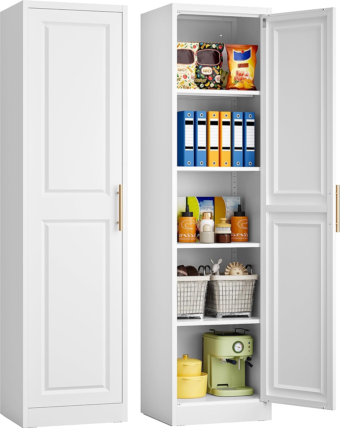 Home Goods Bathroom Storage - 背の高い細長い収納キャビネット、1ドア5段、スリムキッチンパントリーキャビネット、金属製バスルームカップボード、大型オーガナイザーユニット、ホワイト