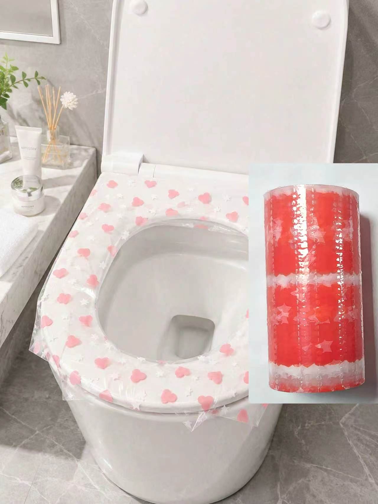 Home Creation Bathroom - 133枚入り使い捨て便座カバー、防水便座保護フィルム、ハート柄 - 旅行、ホテル、公共トイレ、家庭の浴室に適した携帯用衛生パッド、旅行用品、新学期用品