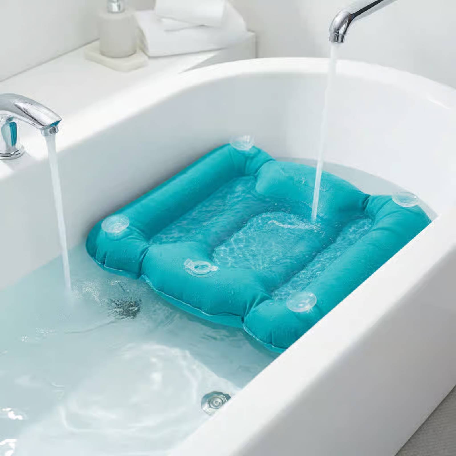 Bathtub Pillow Inflatable - 浴槽ブースターパッド シマリーフィニッシュ インフレータブルバスシート 吸引ホルダー スパ枕 滑り止めバスルームアクセサリー