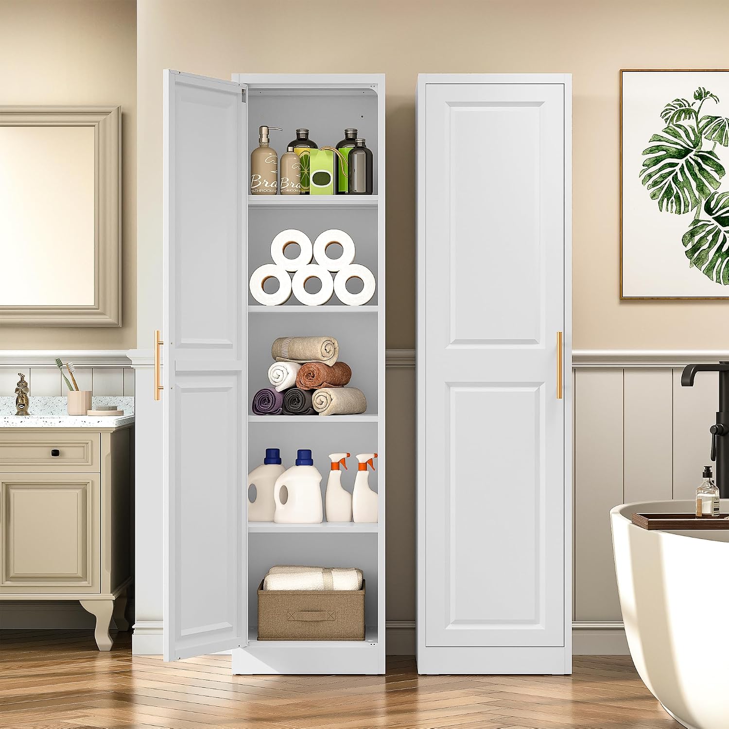 背の高い細長い収納キャビネット、1ドア5段、スリムキッチンパ - Home Goods Bathroom Storage のレビューと価格